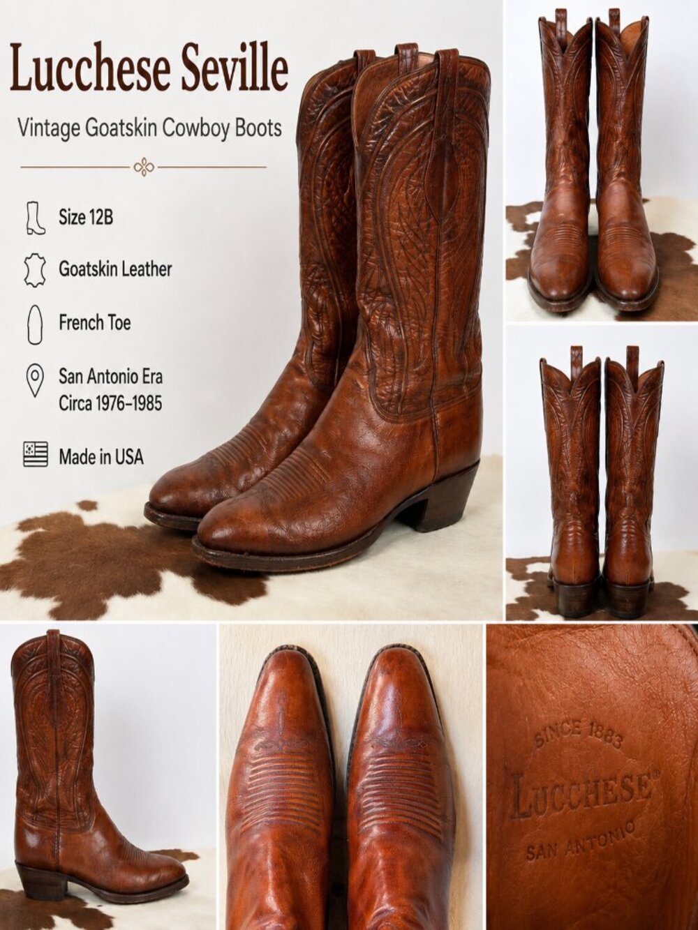 Lucchese "Seville" Goatskin Cowboy Boot - San Antonio Era - Size 12B